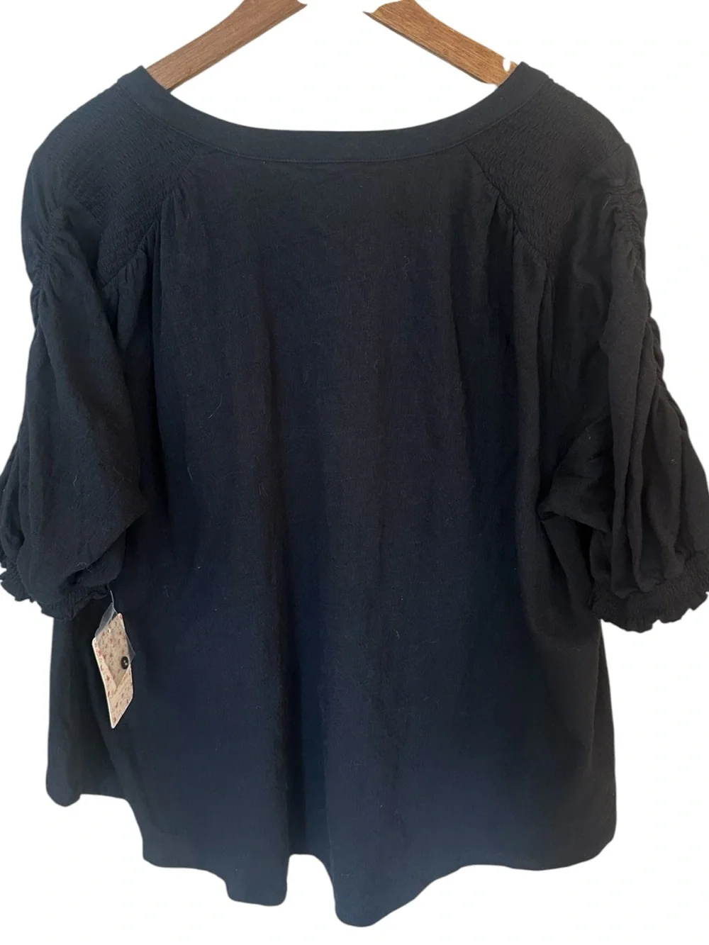 Free People Fever Dream Split Neck Tee Peasant Style Black  Size L NWT